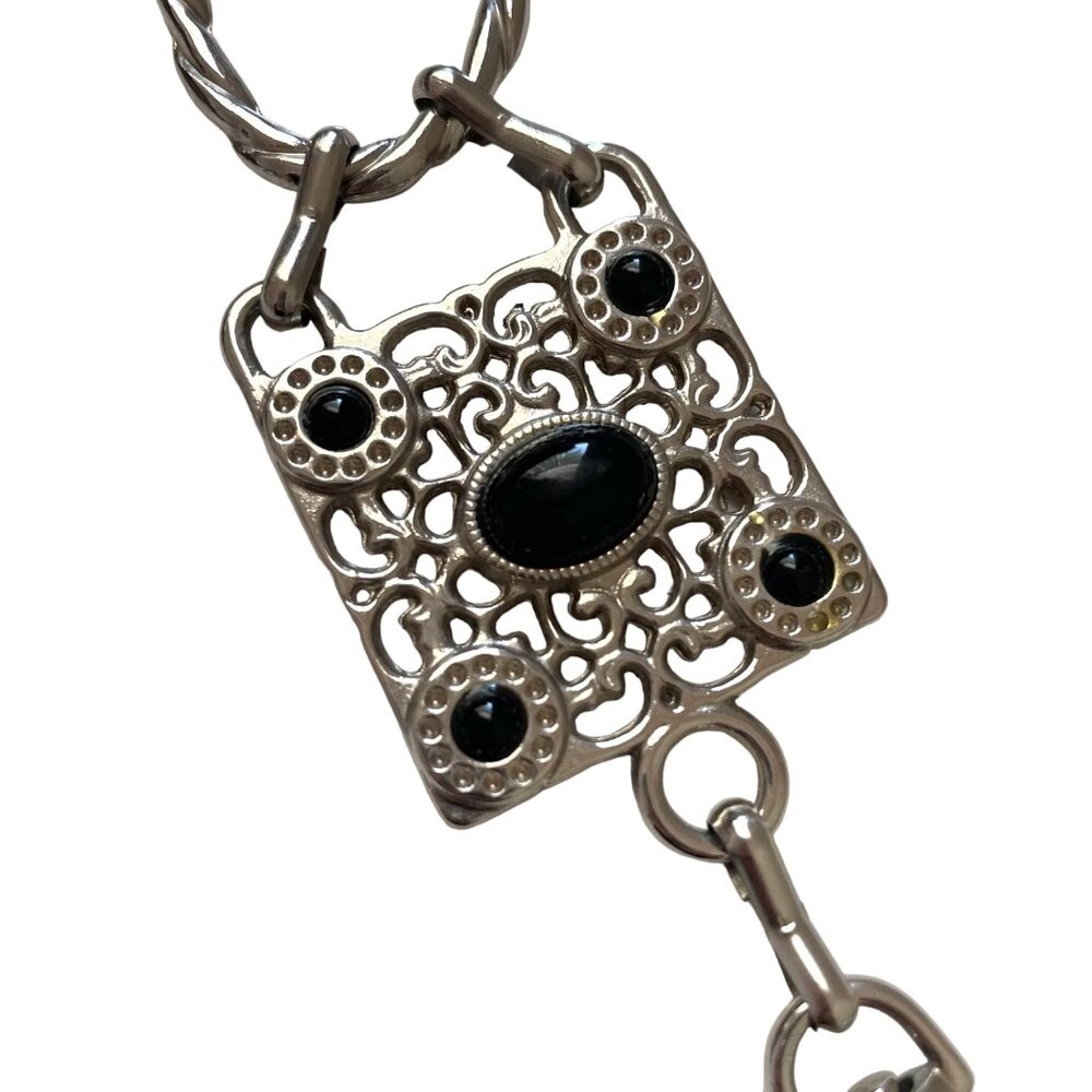 Vintage Silver & Black faux Stone Adjustable Belt 40" Length Intricate Design - Picture 2 of 6